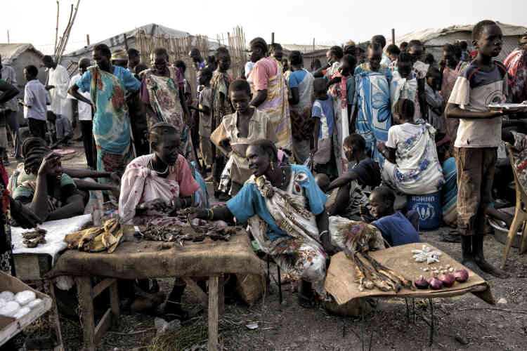 Des femmes shilluk vendent du poisson séché et quelques légumes sur le marché du camp de protection des civils de la Mission des Nations unies au Soudan du Sud, près de Malakal.
