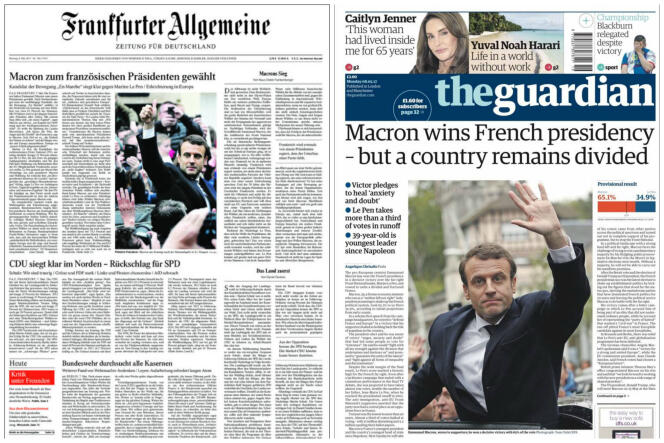 Les Unes du « Frankfurter Allgemeine » et du « Guardian », lundi 8 mai.