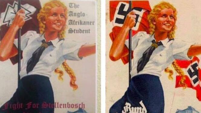 L’affiche de l’université de Stellenbosh, à gauche, et l’original nazi, à droite