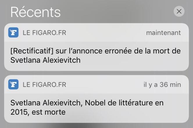 Les alertes du « Figaro » sur Svetlana Alexievitch, envoyées jeudi 18 mai.