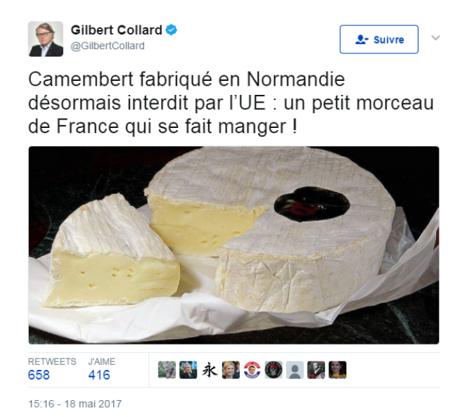 Tweet du député Gilbert Collard le 18 mai à propos du camembert.