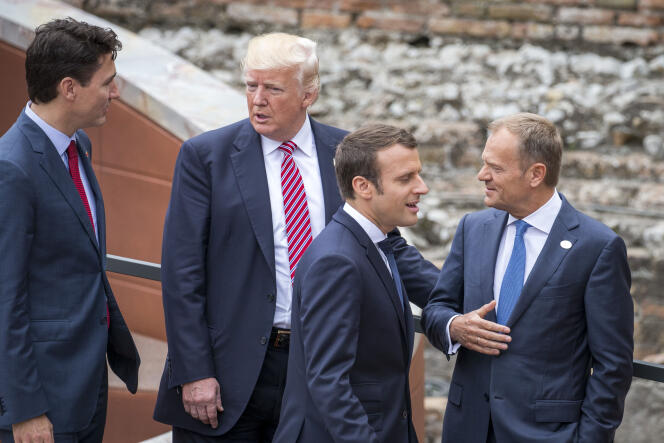 Le premier ministre canadien Justin Trudeau, le président américain Donald Trump, le président français Emmanuel Macron et le président du Conseil européen Donald Tusk, vendredi 26 mai.