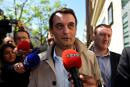 French far-right Front National (FN) party Vice-President Florian Philippot answers journalists' questions outside the "L'Escale", the party's headquarters in Paris, on May 9, 2017. / AFP / bertrand GUAY