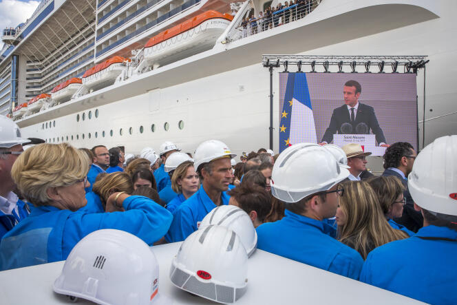 Emmanuel Macron, président de la République, participe à l'inauguration du navire de croisière « MSC Meraviglia » aux chantiers navals de Saint-Nazaire, mercredi 31 mai 2017.