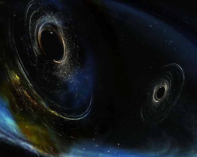 Vue d’artiste de deux trous noirs massifs spiralant l’un vers l’autre jusqu’à fusionner en un seul.