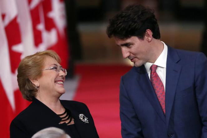 Michelle Bachelet et Justin Trudeau lors de leur conférence de presse commune, le 5 juin.
