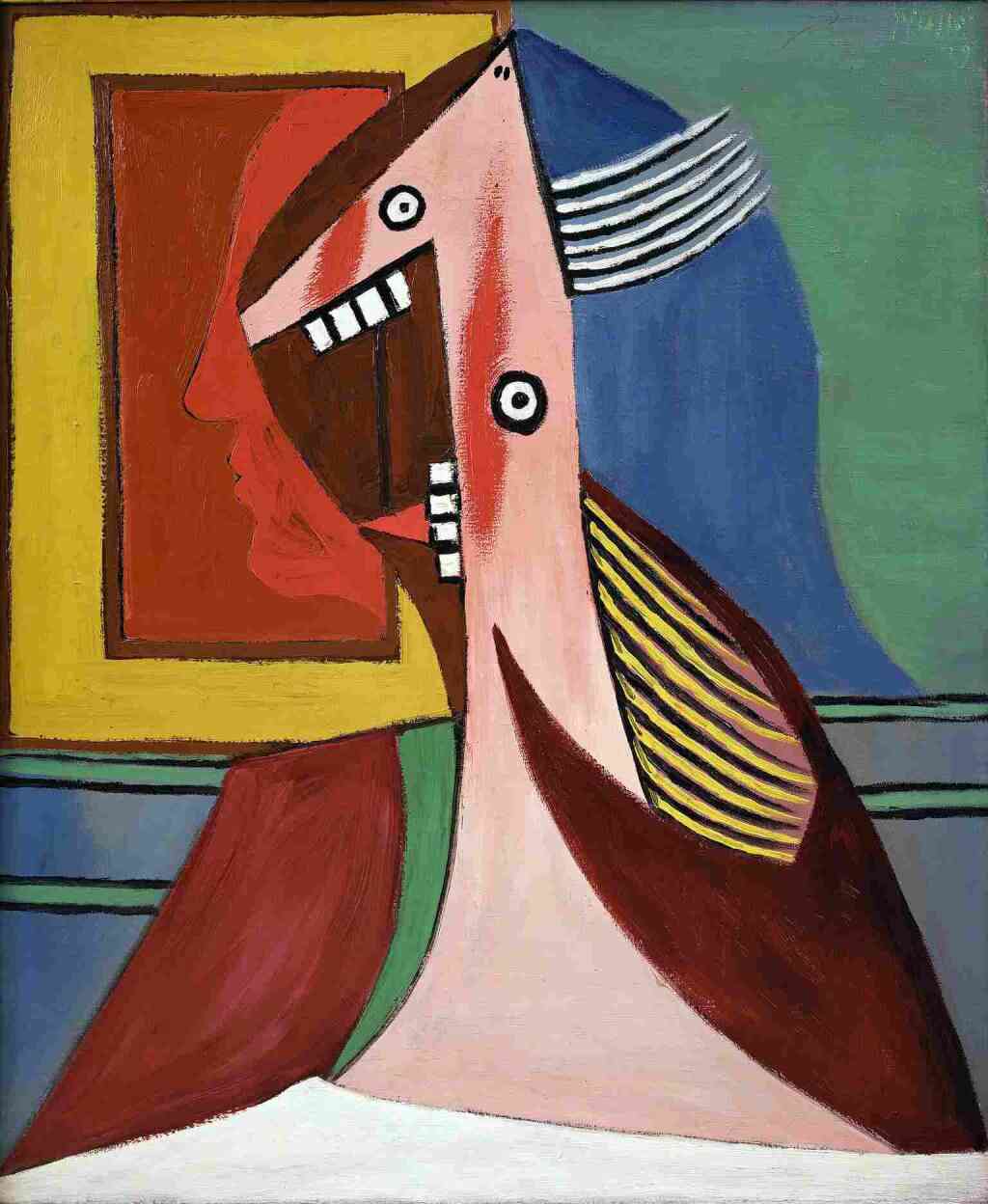 « Cette huile sur toile de 1929 tranche radicalement avec les pastels, doux et mélancoliques, que Picasso consacre à son épouse au début de la décennie. Le corps d’Olga est l’objet de toutes les dislocations ; son visage, tout en angles, est presque réduit à une dentition menaçante. En arrière-plan, l’autoportrait de l’artiste, en aplats de rouges vifs, rajoute à l’impression de violence qui se dégage de l’œuvre. »