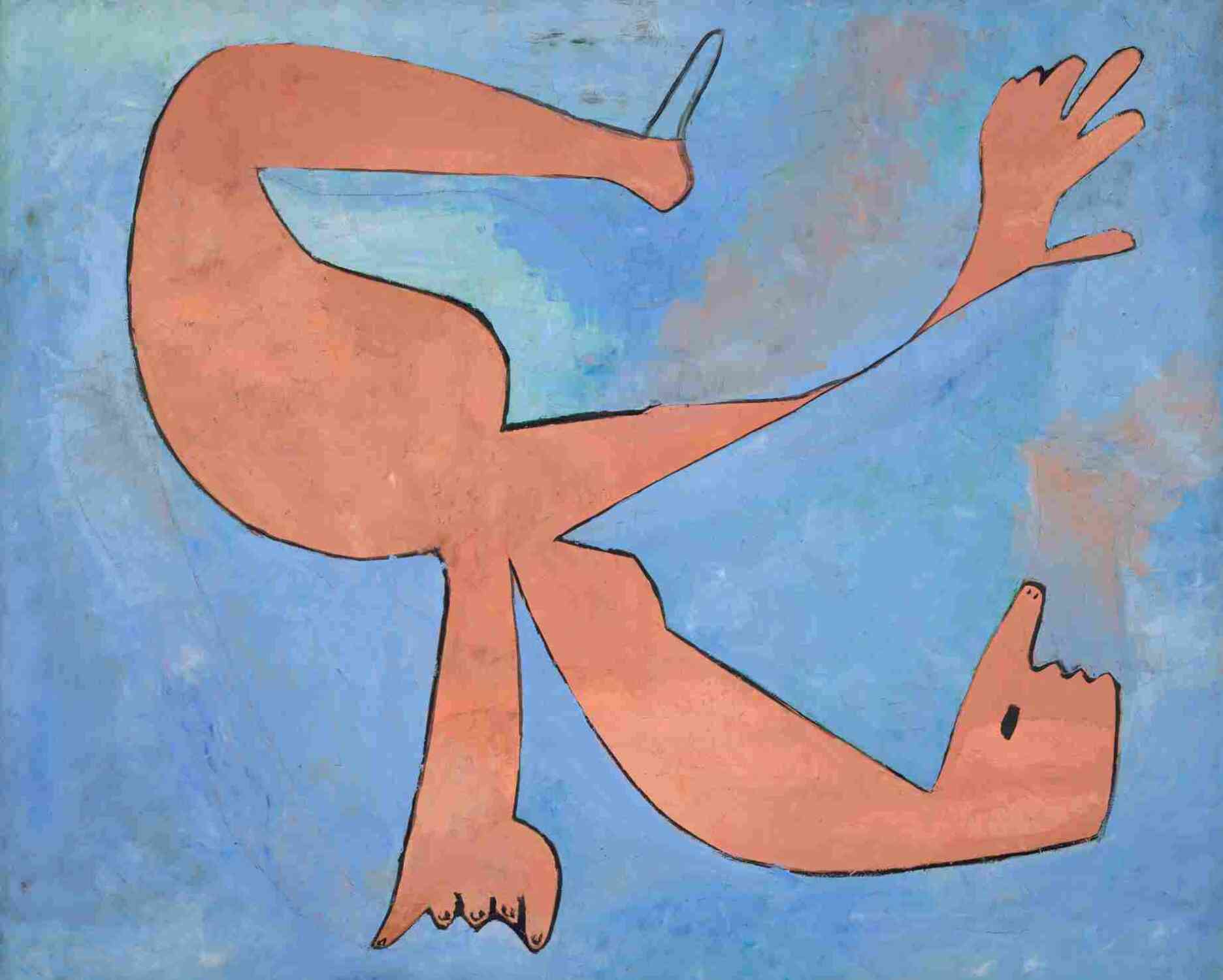 « En novembre 1929, Pablo Picasso peint “La Nageuse”. Dans la lignée des séries de “Baigneuses” que lui inspire Marie-Thérèse Walter à Dinard, il joue des contrastes de couleurs vives et franches. La nageuse, désarticulée, dont le corps fait écho aux torsions de l’“Acrobate bleu”, adopte ici une posture aussi aérienne qu’érotique. »