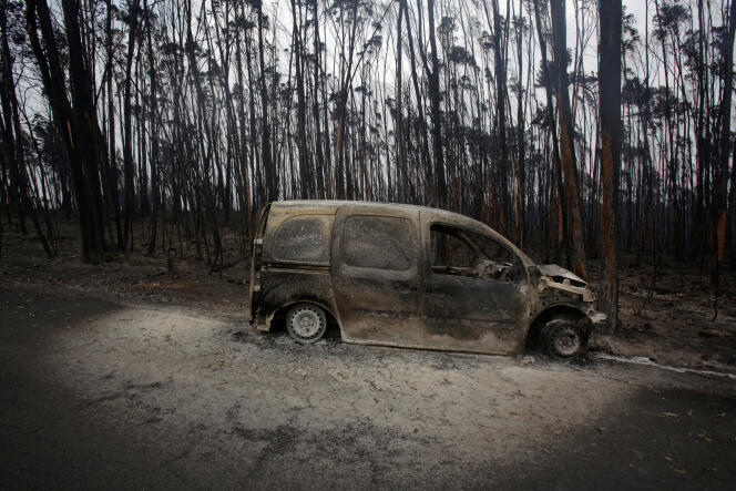 Une camionnette brûlée au milieu d’une forêt incendiée sur une route menant à Pedrogao Grande, au Portugal, le 19 juin.