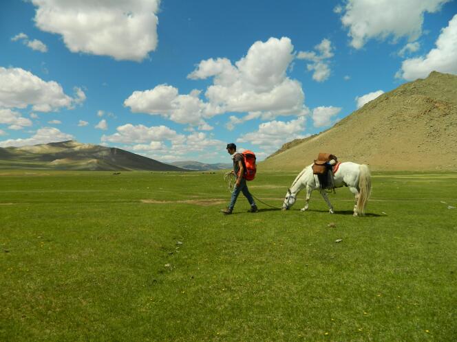 Eliott Schonfeld marchant dans un champ en Mongolie, le 24 juin 2015.