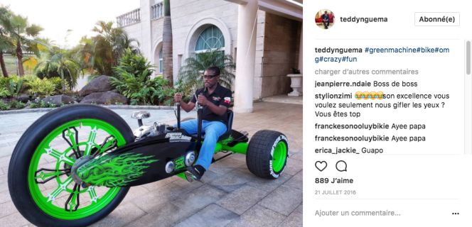 Teodorin Obiang, vice-président de la Guinée équatoriale, sur sa « green machine ». Photo publiée le 21 juillet 2016 sur son compte Instagram.