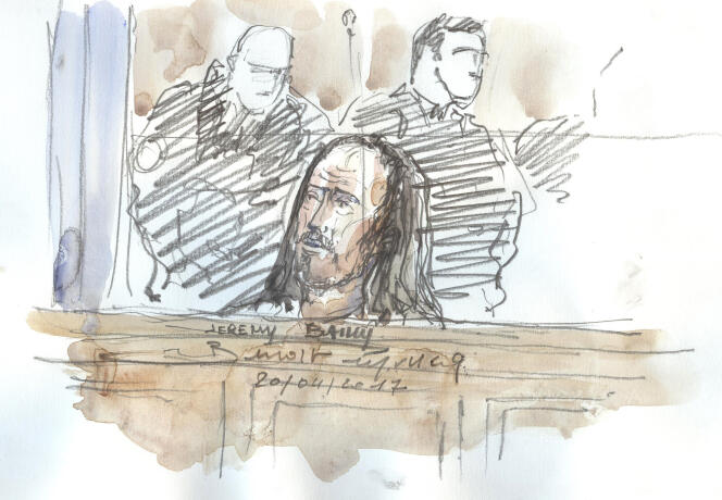 Dessin de presse d’un des accusé, au  procès de la filière djihadiste de Cannes-Torcy, en 2017.