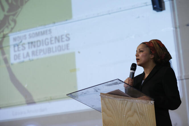 Houria Bouteldja, porte-parole du Parti des indigenes de la République, à Saint-Denis (Seine-Saint-Denis), le 8 mai 2015.