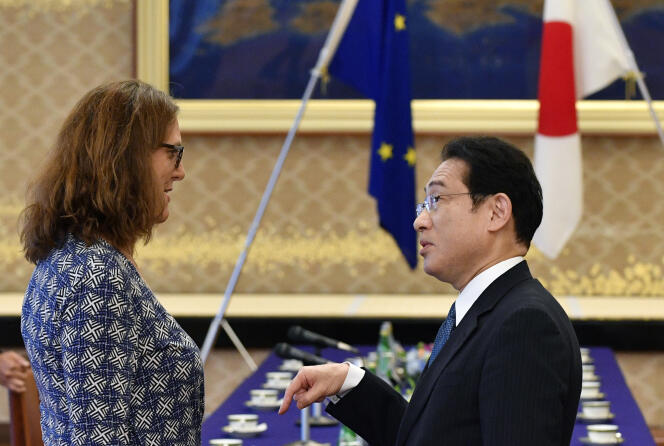 Cecilia Malmstrom, commissaire européenne au commerce, et Fumio Kishida, ministre japonais des affaires étrangères, avant une réunion de négociation de l’accord de libre-échange Japon-UE, le 30 juin, à Tokyo.