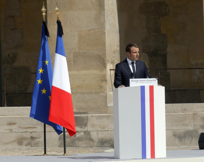 Le président Emmanuel Macron, lors de son éloge funèbre à Simone Veil, à Paris, le 5 juillet 2017.