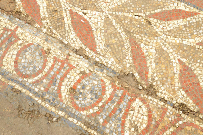 Détail d’une des mosaïques découvertes dans la fouille d’une maison romaine à Auch, avec une frise de feuilles de laurier et une frise alternant oves et tridents.