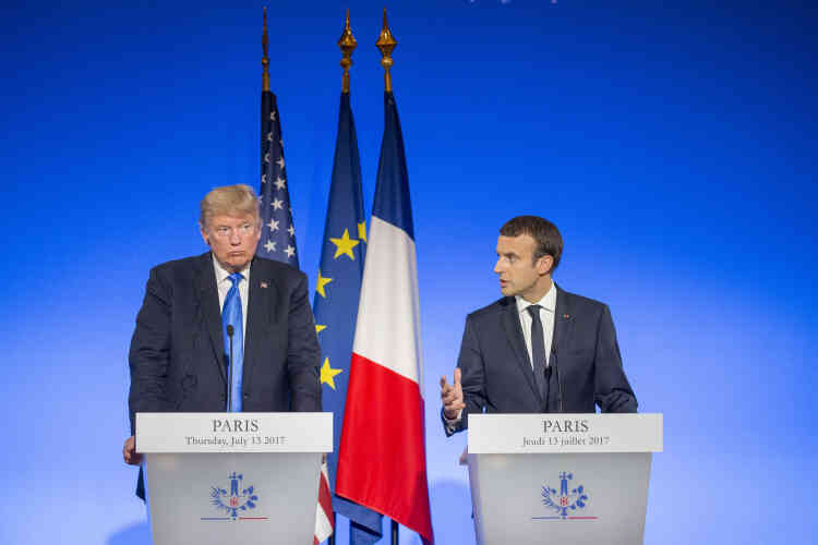 Conférence de presse d'Emmanuel Macron, président de la République française et de Donald Trump, président des Etats-Unis au palais de l'Elysée à Paris, jeudi 13 juillet.