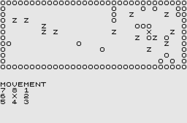 Les premiers jeux de zombies n’ont pas les moyens d’évoquer les univers de George Romero avec précision. Ici, « Zombies« , sur ZX81, et ses lettres « Z » pour désigner les morts-vivants.