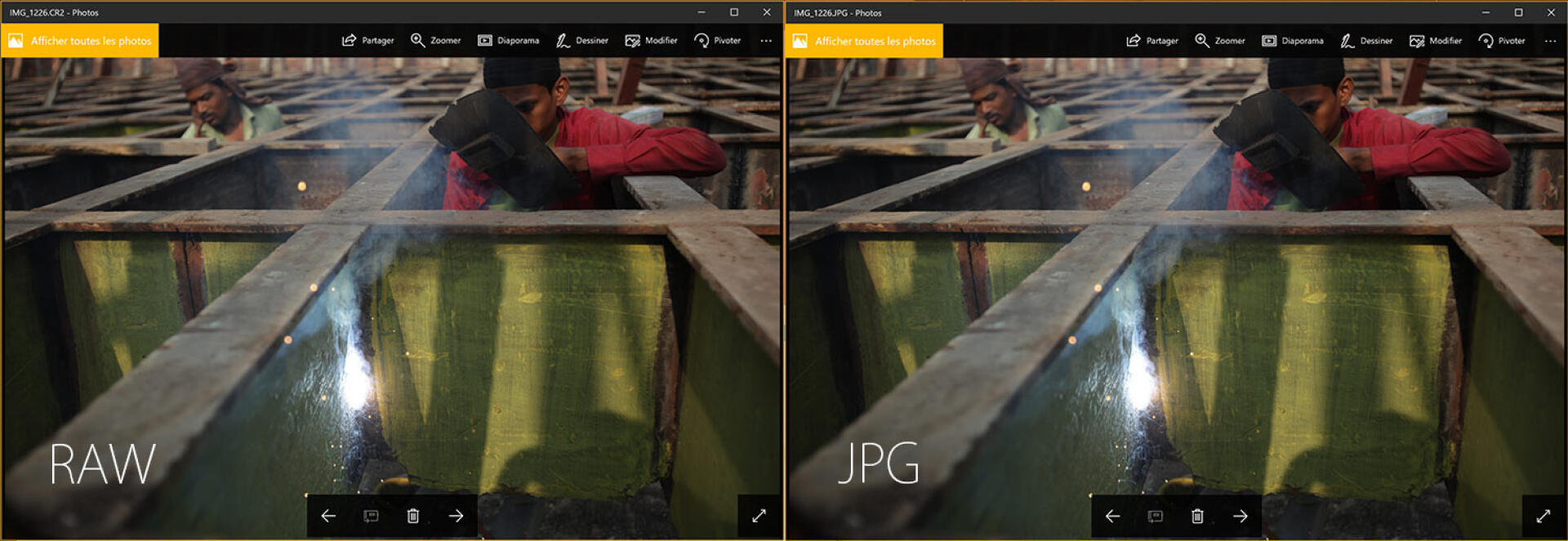 La même image d’un chantier naval à Dhaka, en RAW et en JPEG, ouverte avec la visionneuse photo de Windows 10 (Canon 5D mk2).