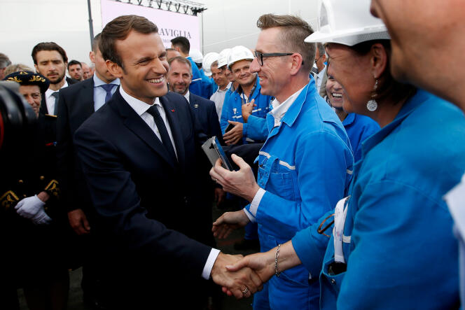 Le président Emmanuel Macron, lors de la cérémonie de livraison du paquebot« Meraviglia », contruit par STX France, le 31 mars, à Saint-Nazaire.
