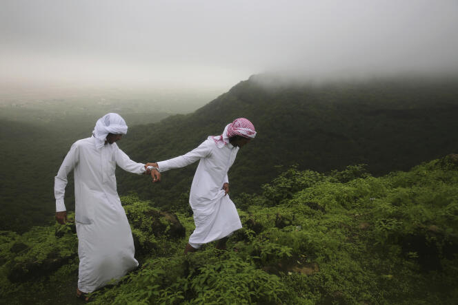 Le 2 août, dans les montagnes au nord de Salalah. Deux adolescents expérimentent brume et bruine apportées par le khareef, la mousson d’été.