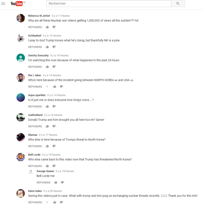 Capture d'écran des commentaires sous une vidéo Youtube dispensant des conseils en cas d'attaque nucléaire.