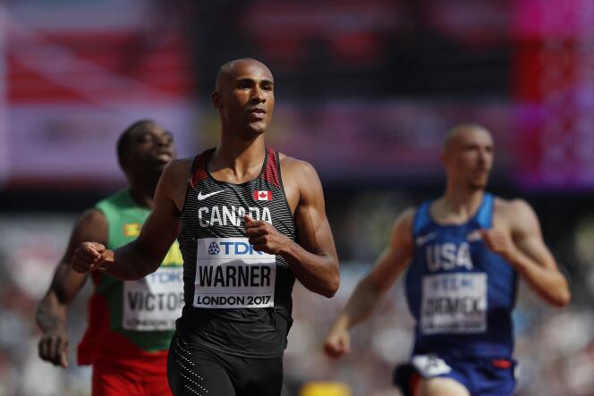 Le Canadien Damian Warner, lors du 100 m, vendredi 11 août à Londres.