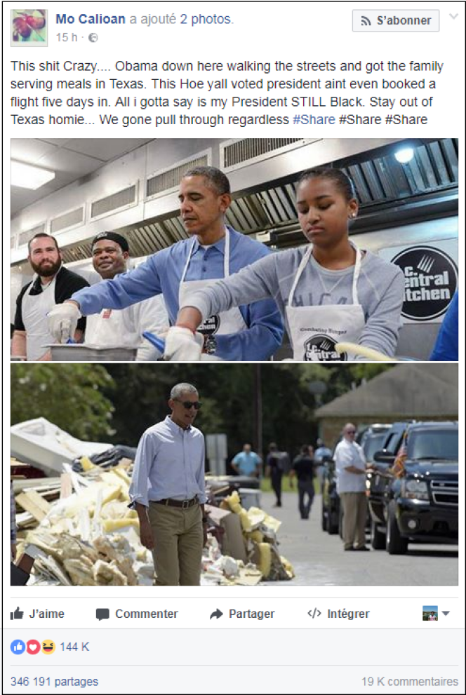 Cet internaute affirme sur Facebook, photos à l’appui, que Barack Obama serait venu en aide aux sinitrés. Ces images ont en réalité été sorties de leur contexte.