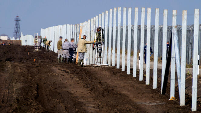 Des prisonniers hongrois construisent une clôture contre le passage de migrants, près du village de Gara, à la frontière serbo-hongroise, le 27 octobre 2016.