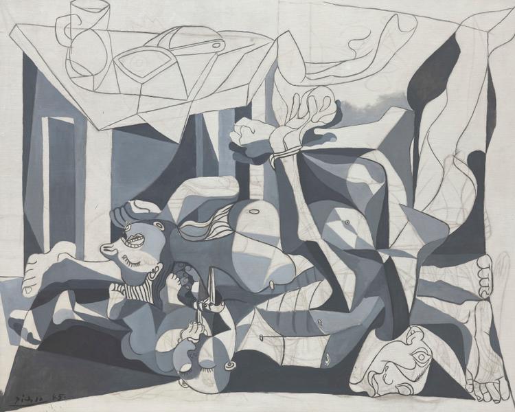 « Pablo Picasso peint “Le Charnier” lors de la période de la Libération. Cette grande toile en grisaille, écho à Guernica, est peut-être tirée des photographies des camps de concentration et rappelle les massacres de la Guerre d’Espagne. »