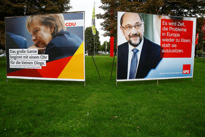 Les affiches électorales d’Angela Merkel (CDU) et de Martin Schulz (SPD), à Bonn, en Allemagne, le 7 septembre.