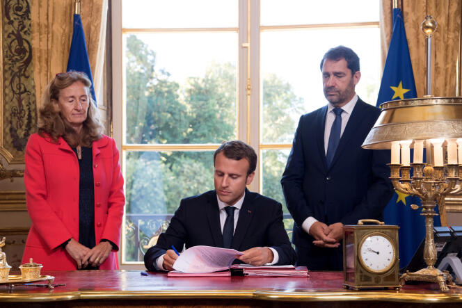 Nicole Belloubet, Emmanuel Macron et Christophe Castaner, le 15 septembre.