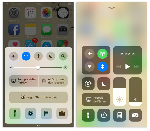 Les réglages rapides avant (iOS 10) et après la mise à jour (iOS 11).