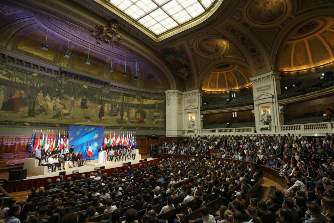 Emmanuel Macron pendant son discours sur l’Europe à la Sorbonne, à Paris, le 26 septembre 2017.