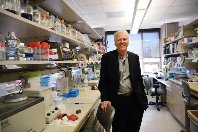 Le biologiste Michael Young dans son laboratoire de l’université Rockfeller à New York après avoir gagné le prix Nobel de médecine le 2 octobre 2017.