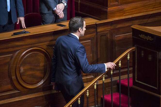Emmanuel Macron, président de la République, parle devant le Parlement réuni en Congrès à Versailles, lundi 3 juillet 2017