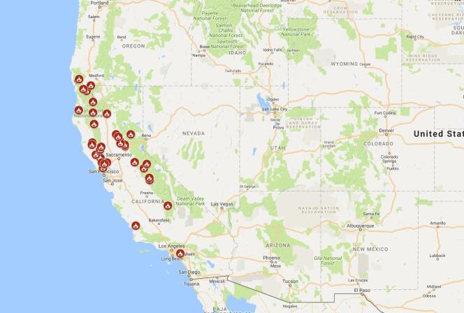 Une carte des incendies qui frappent la région, selon les services des pompiers de Californie.