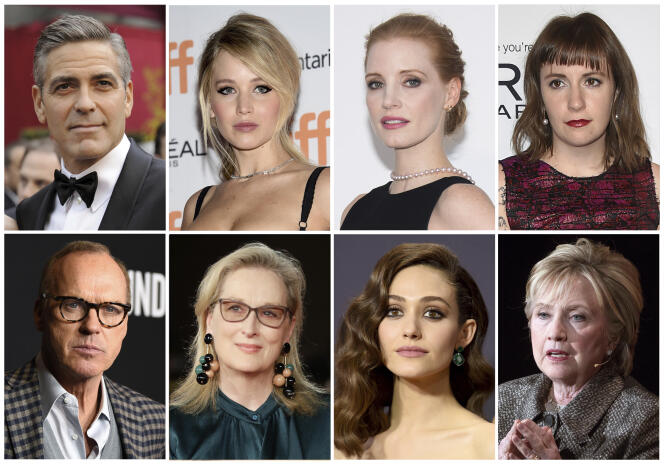 Nombreuses sont les personnalités, hommes et femmes, à accuser le producteur Harvey Weinstein, dont : George Clooney, Jennifer Lawrence, Jessica Chastain, Lena Dunham, Michael Keaton, Meryl Streep, Emmy Rossum et Hillary Clinton.