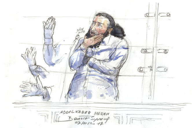Abdelkader Merah dessiné lors de l’ouverture de son procès pour complicité d’assassinats, le 3 octobre 2017 à Paris.