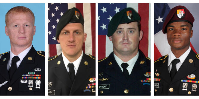 Les quatre soldats américains tués dans une embuscade au Niger, le 4 octobre 2017. De gauche à droite, Jeremiah Johnson, Bryan Black, Dustin Wright et La David Johnson.