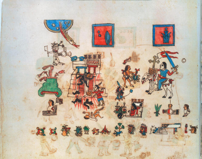 Miniature extraite du « Codex Vaticanus » (vers 1570-1589). A droite, sur son cheval, Hernan Cortés.