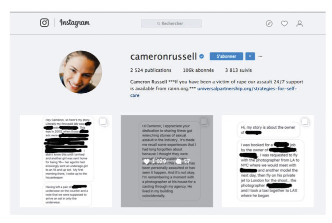 Montage fait à partir de captures d’écran du compte Instagram de Cameron Russell.