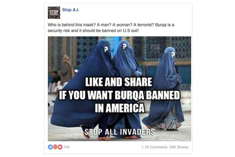 Cette publication, qui demande aux internautes de cliquer sur « J’aime » et de partager, écrit : « Qui est derrière ce masque ? Un homme ? Une femme ? Un terroriste ? La burqa est un risque pour la sécurité et devrait être interdite sur le sol américain ! »