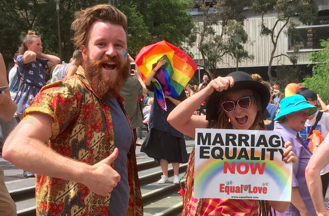 Réaction de joie des partisans du mariage gay, à Melbourne, le 15 novembre.