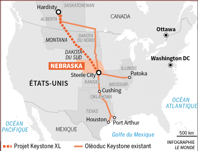 Le tracé du projet de l’oléoduc Keystone XL.