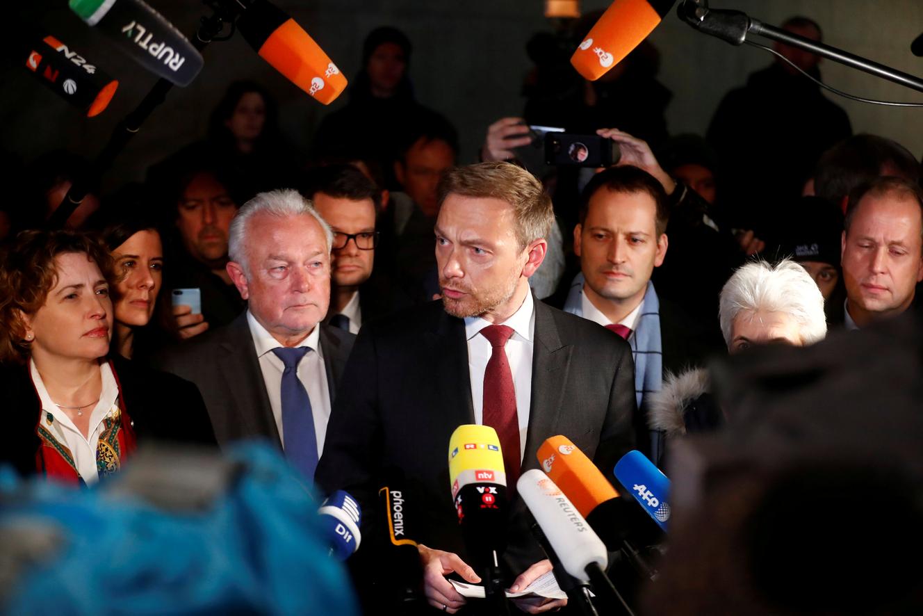 Christian Lindner, head of the Liberal Democratic Party (FDP), ends negotiations with CDU-CSU and the Greens to form a coalition government, on November 19, 2017, in Berlin.