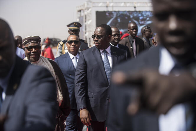 Le président sénégalais Macky Sall à la cérémonie d'inauguration de l'aéroport International Blaise-Diagne. Les chefs d’Etat du Gabon Ali Bongo, de la Gambie Adama Barrow et de Guinée-Bissau José Mario Vaz étaient présents.