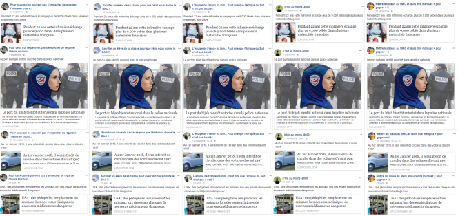 Captures d’écran de cinq pages Facebook différentes qui ont relayé les mêmes fausses informations au même moment à quatre reprises.