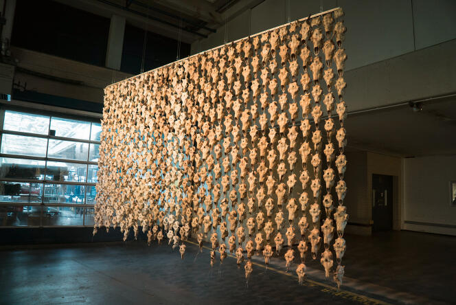 Un rideau composé de 400 crânes de rennes  baptisé « Pile o’Sapmi » de l’artiste Maret Anne Sara.