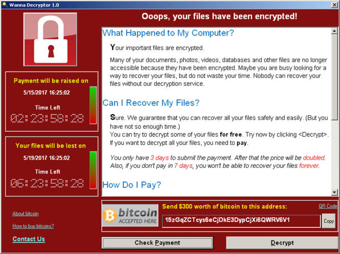 Capture d’écran du message que les victimes du rançongiciel WannaCry ont vu apparaître sur leur ordinateur infecté.